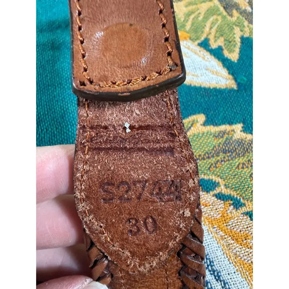 Vintage 90s Aztec southwestern beaded leather belt intricate silver buckle 30